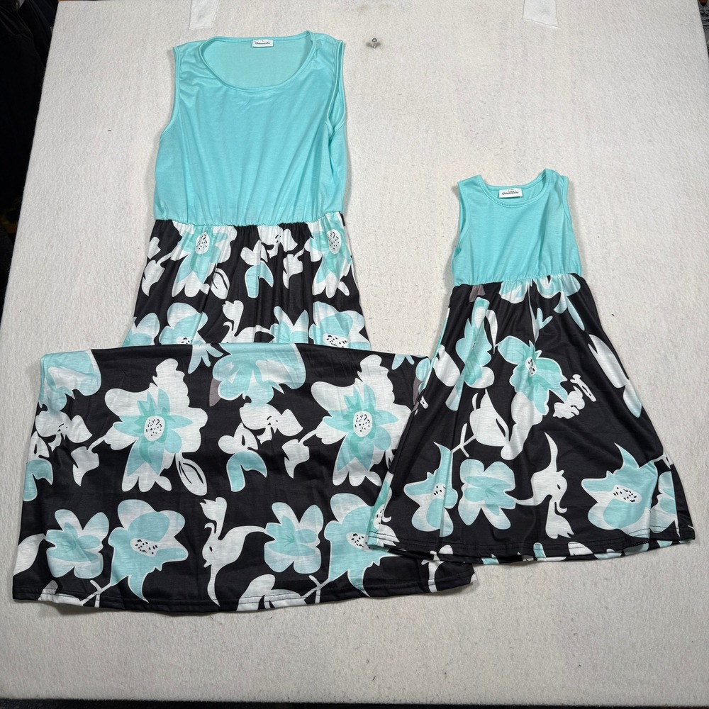 Chicmatchy Mother Daughter Matching Floral Maxi Dress Set Aqua Black Size L & 2